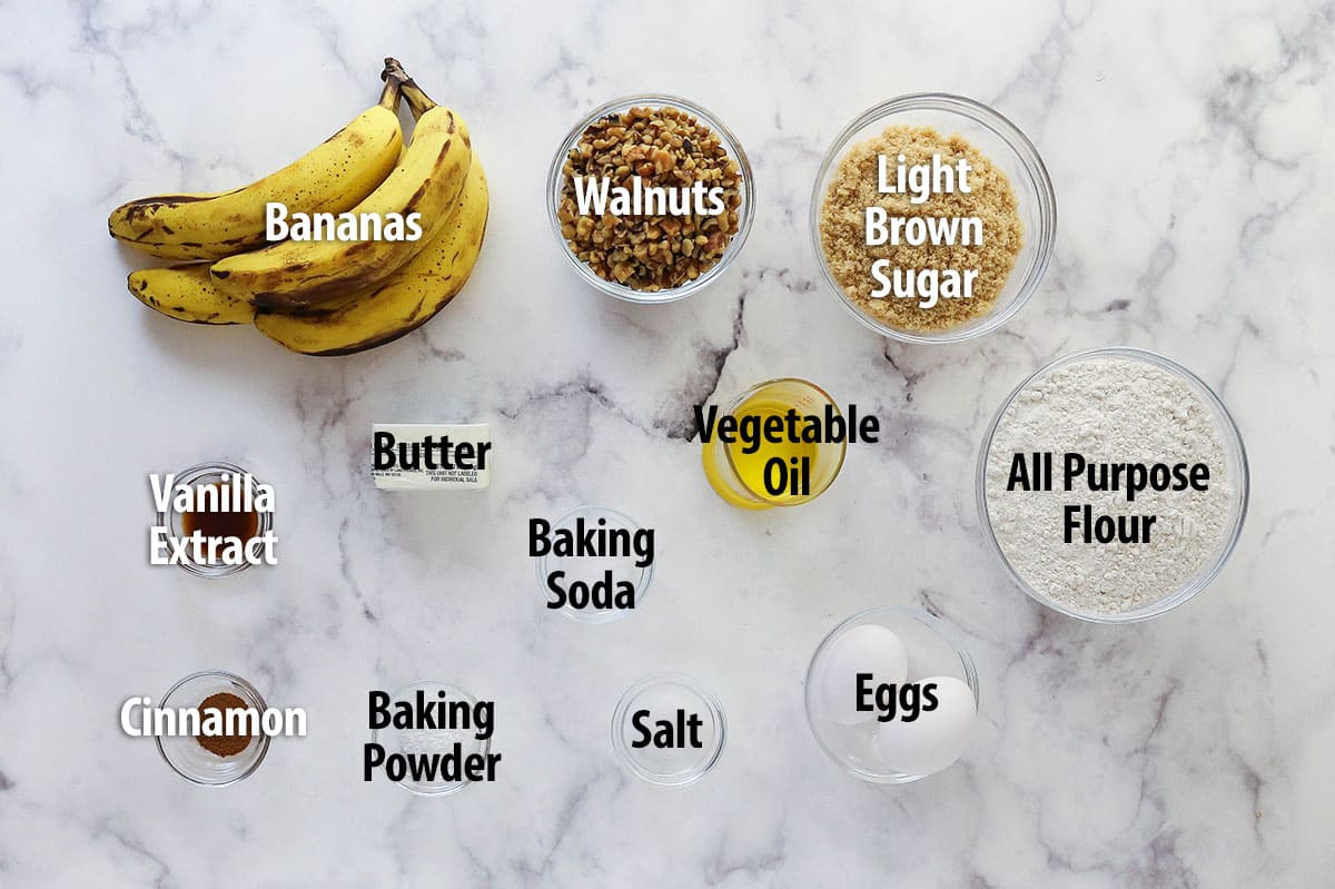 Ingredients for banana nut bread.